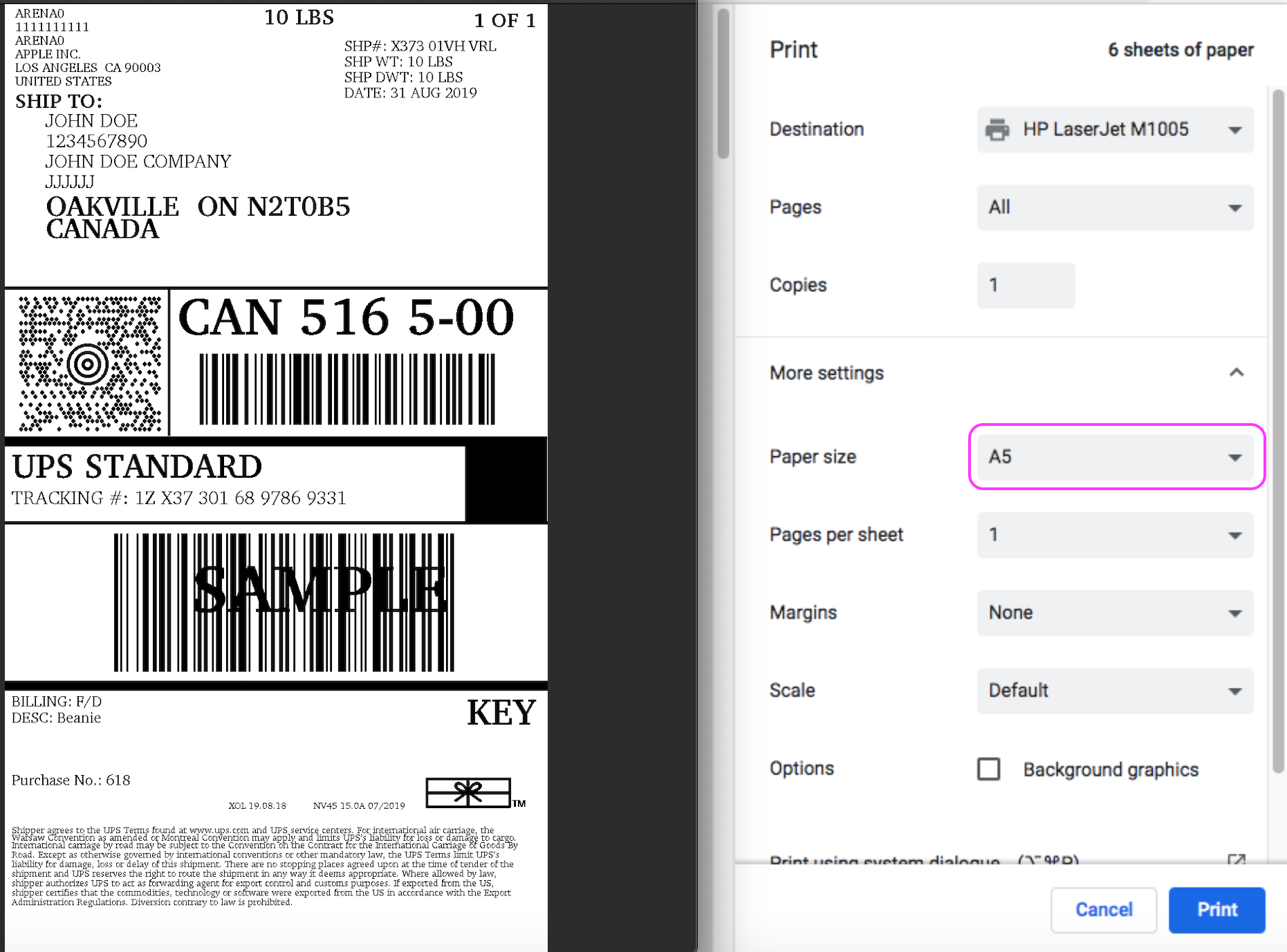 printing ups shipping label in A5 size