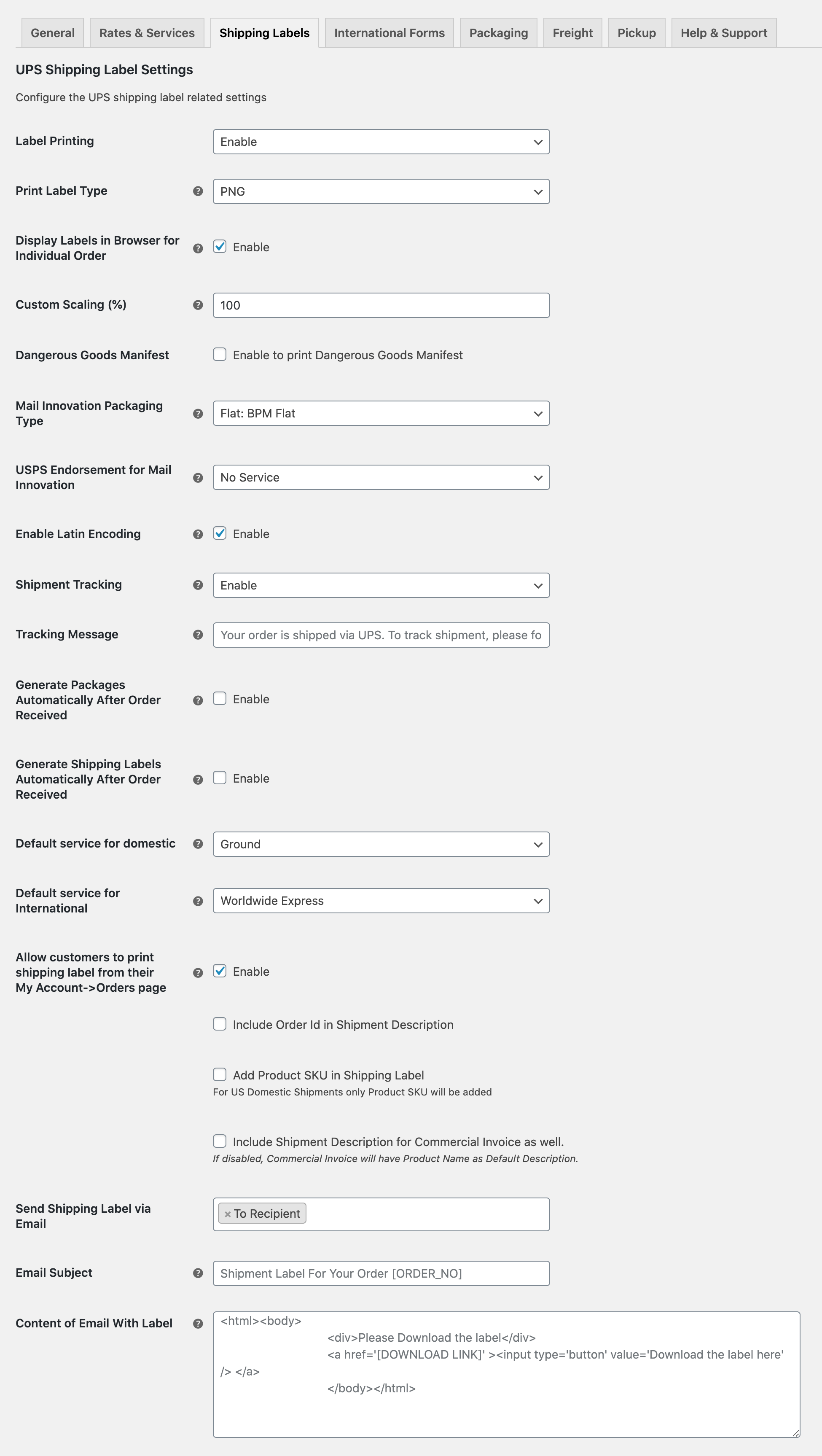 ups label printing settings