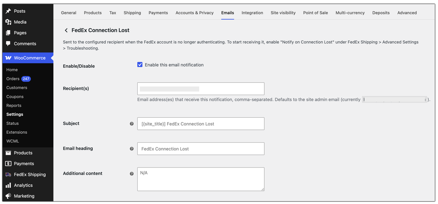 customise connection lost email 