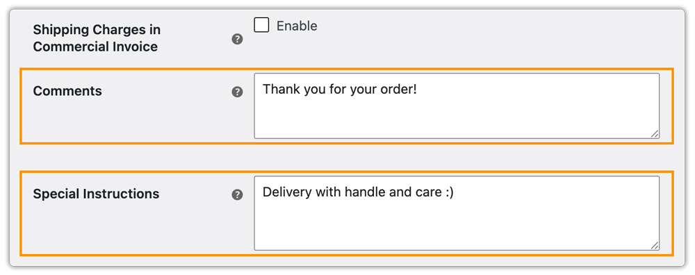 comments and special instruction