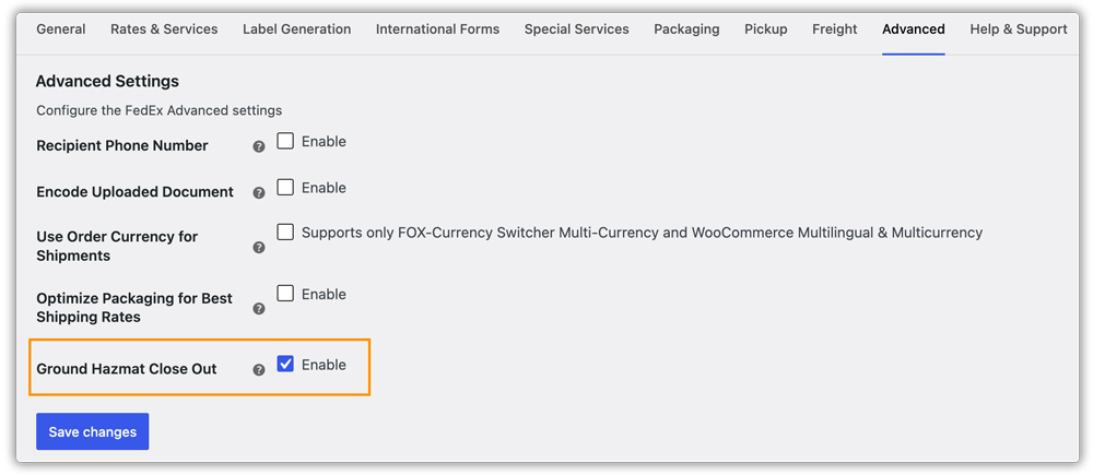 fedex ground hazmat closeout settings