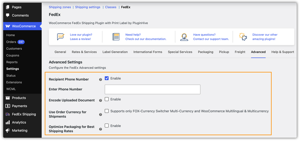 fedex advanced settings