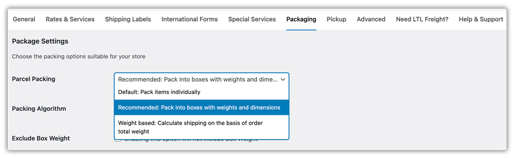 ups parcel packing settings