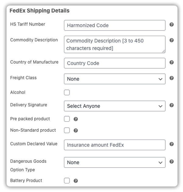FedEx Shipping Details in Product Settings
