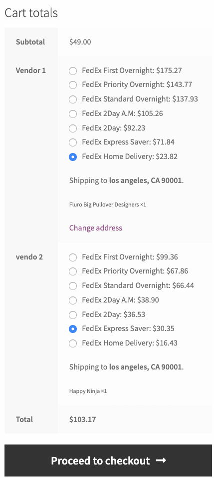 woocommerce product vendors rates on the cart page