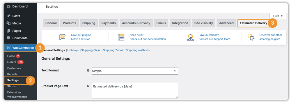 estimated delivery settings
