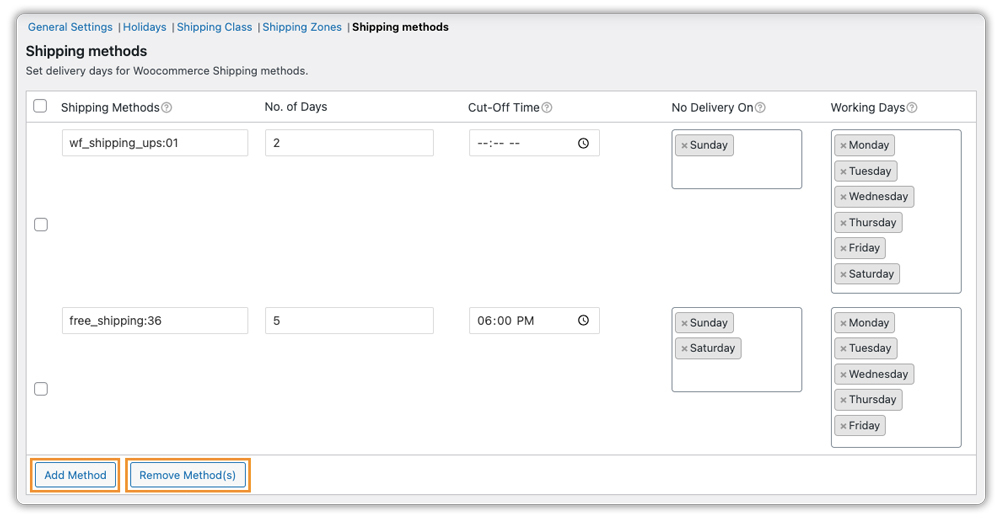shipping method settings