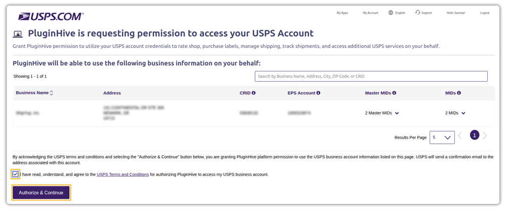 authorize for usps account access 