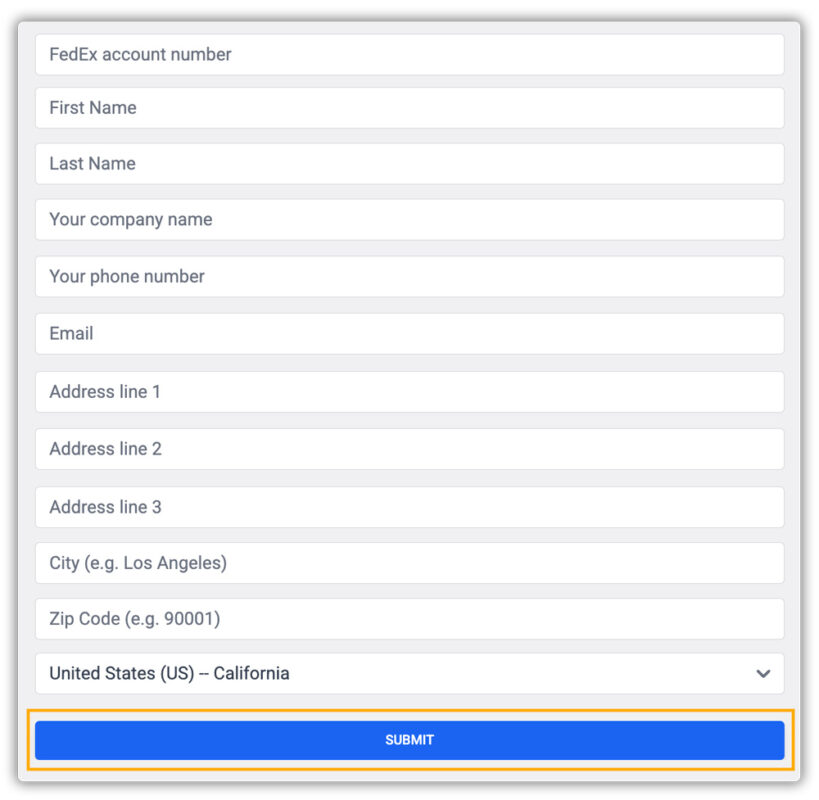 enter fedex account details form with personal and address fields