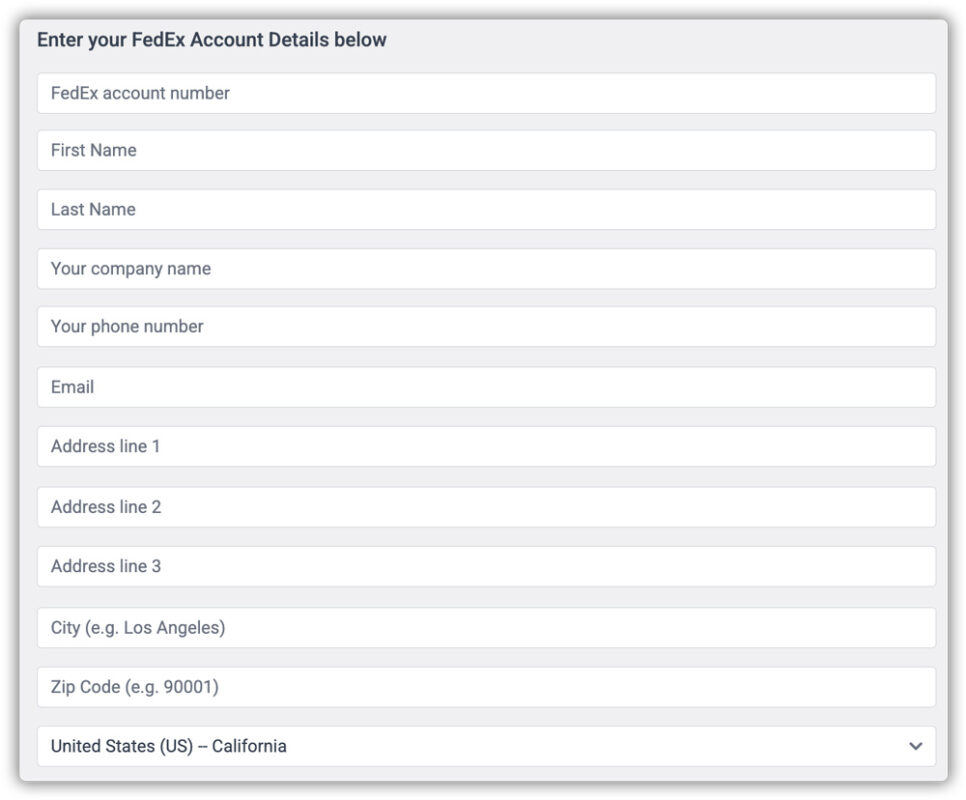 enter fedex account details form with personal and address fields