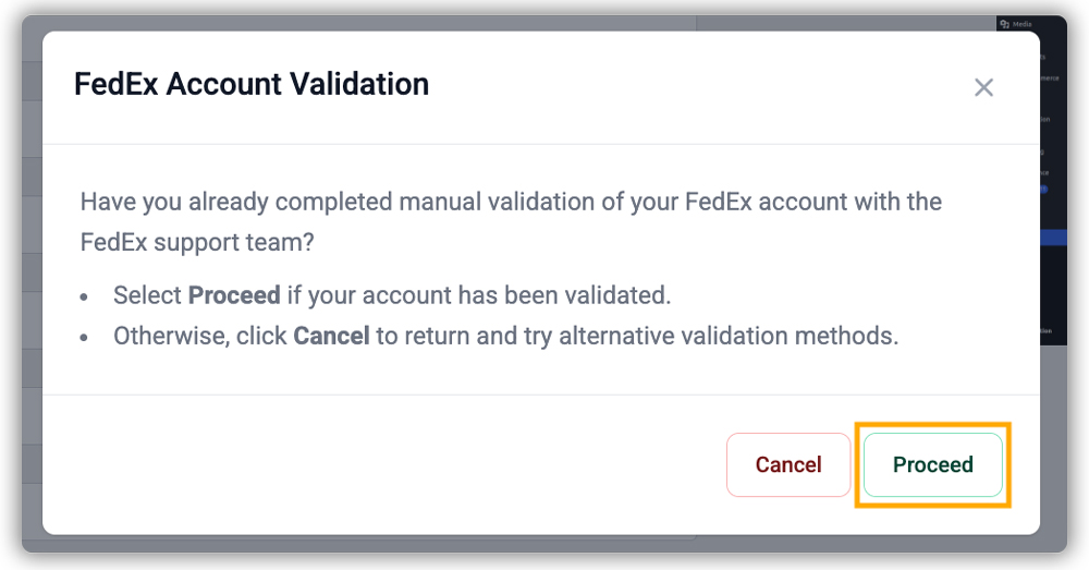fedex account validation popup with proceed and cancel options