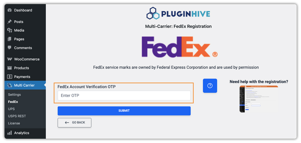 fedex account verification otp screen in pluginhive multi carrier setup
