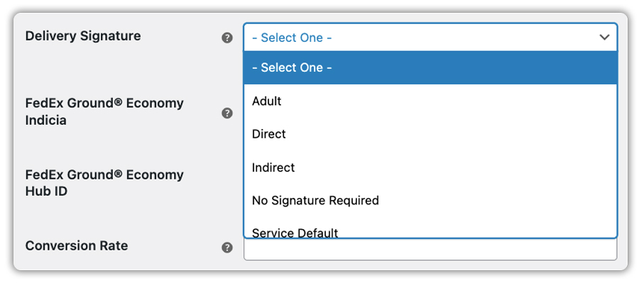 delivery signature options dropdown in fedex shipping settings