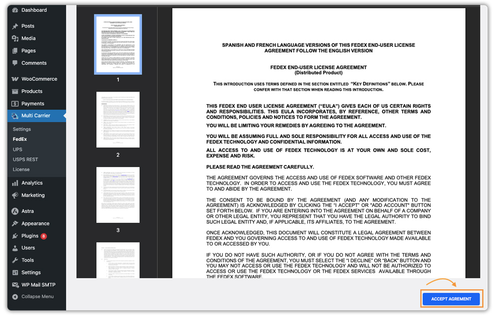 fedex end user license agreement screen with accept agreement button