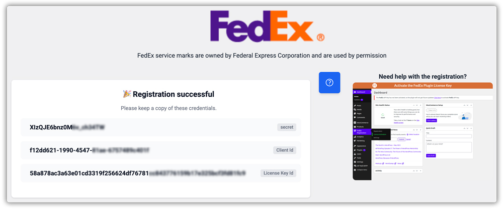 fedex registration successful screen showing api credentials