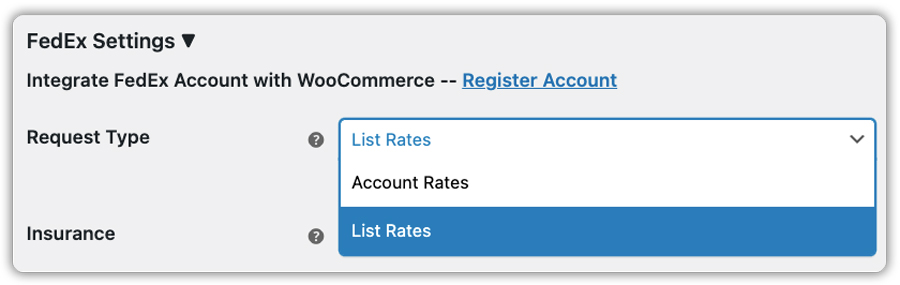 fedex settings request type dropdown showing list rates and account rates