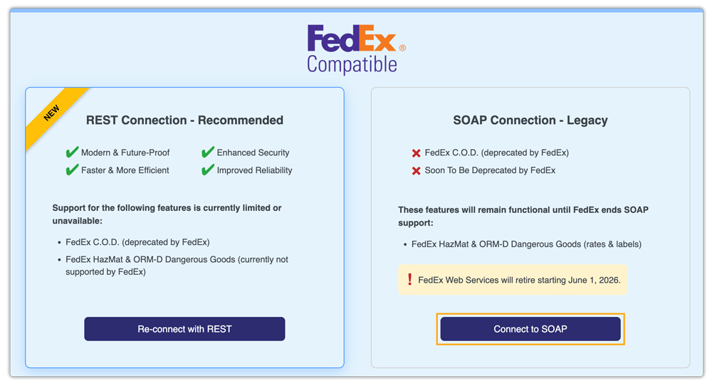 fedex rest and soap connection options comparison in pluginhive