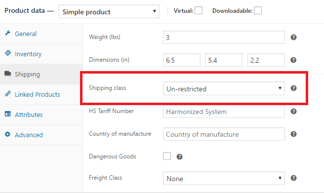 Assigning shipping class to products