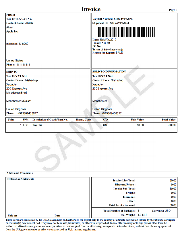 UPS commercial invoice