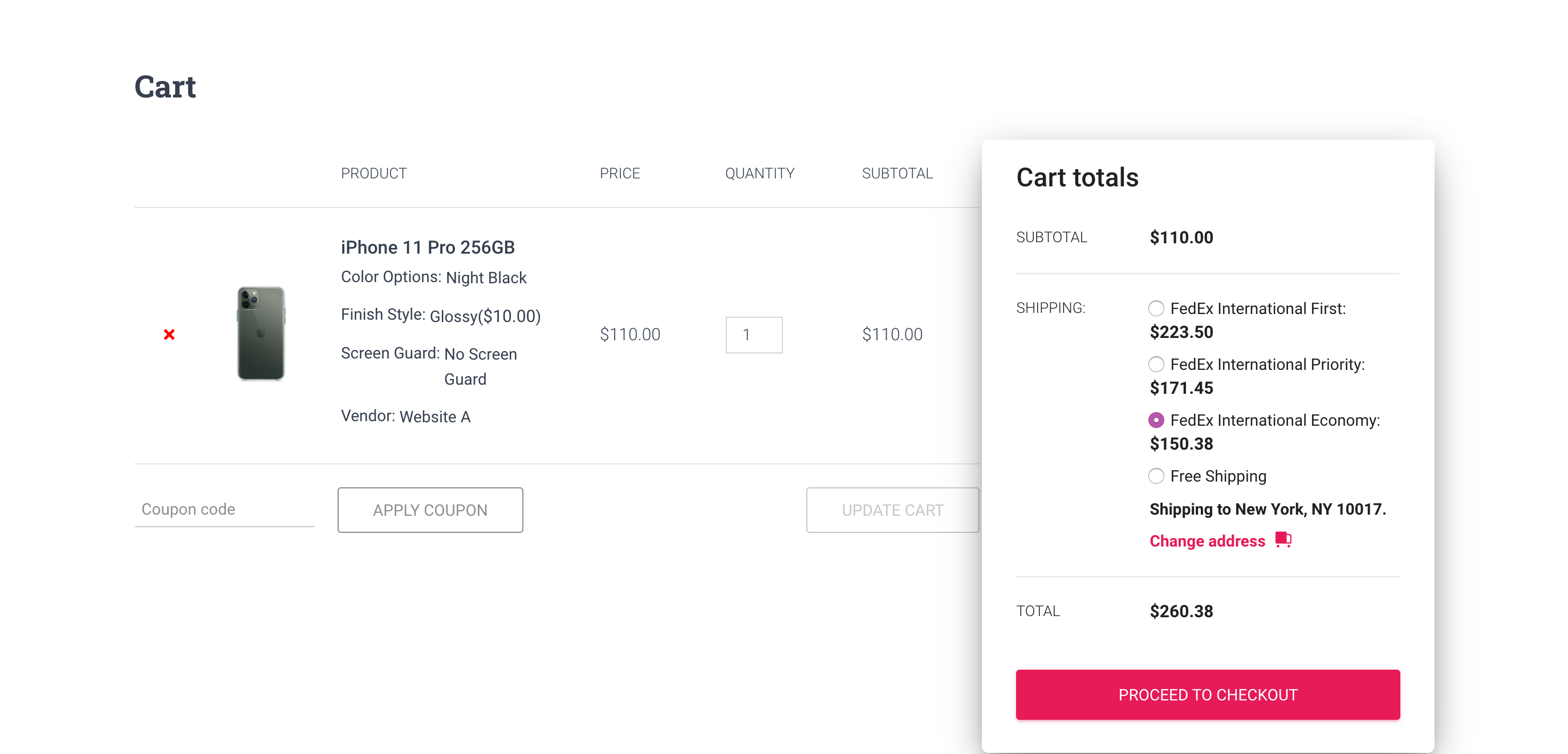 woocommerce cart page with fedex shipping options