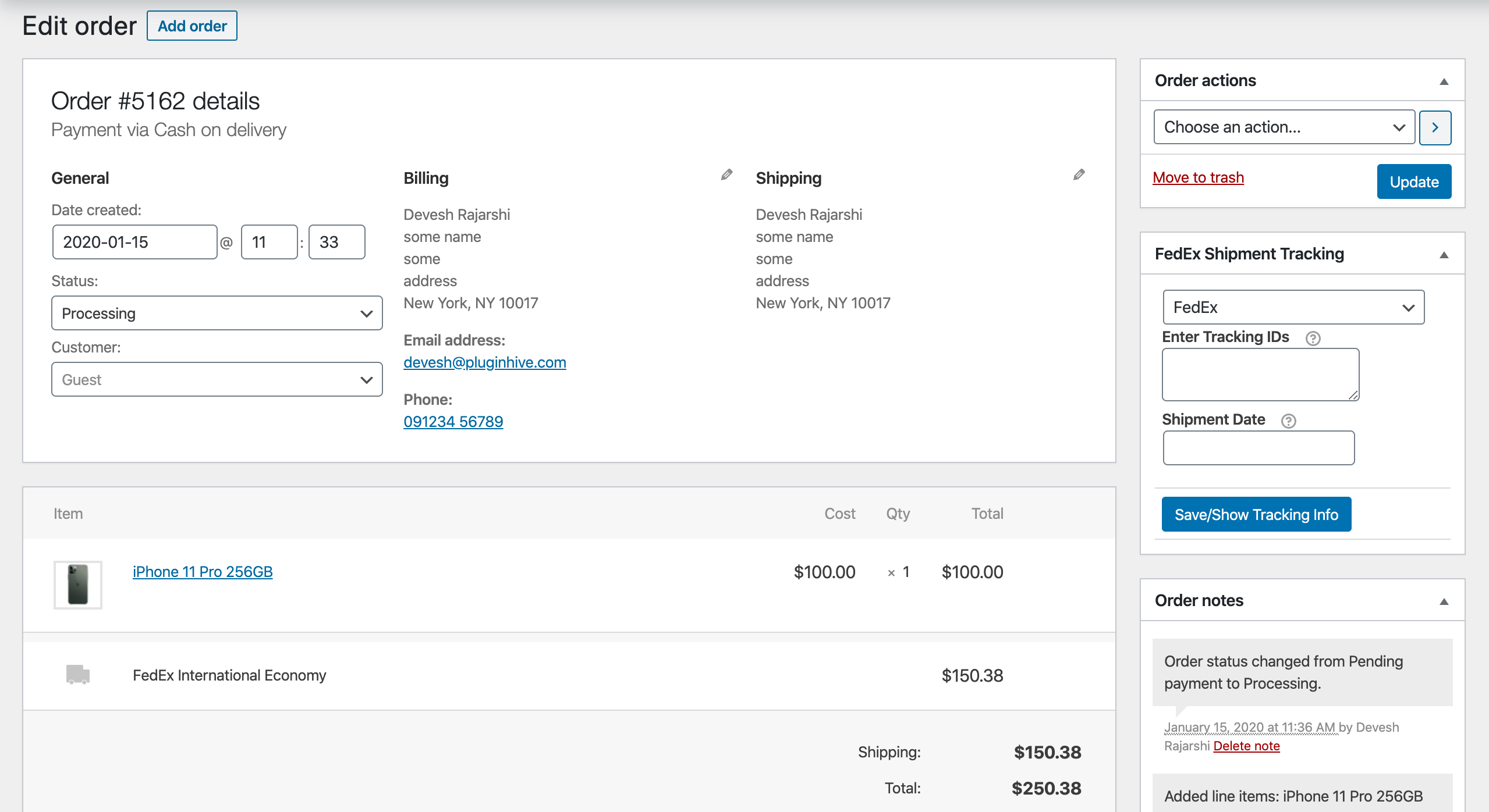 woocommerce orders page with fedex shipment