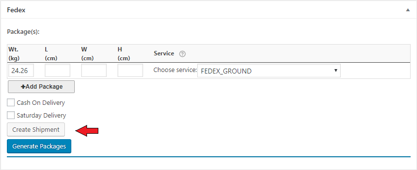 Create shipment using woocommerce fedex shipping plugin