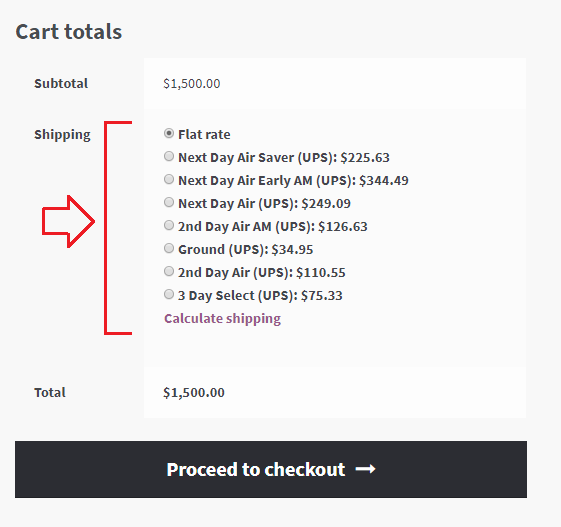 Cart page with woocommerce ups shipping methods