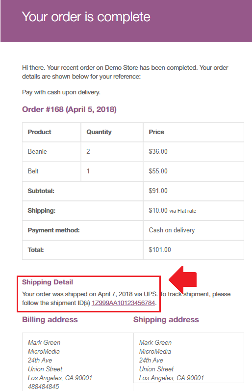 sample woocommerce order completion email for your ups shipments