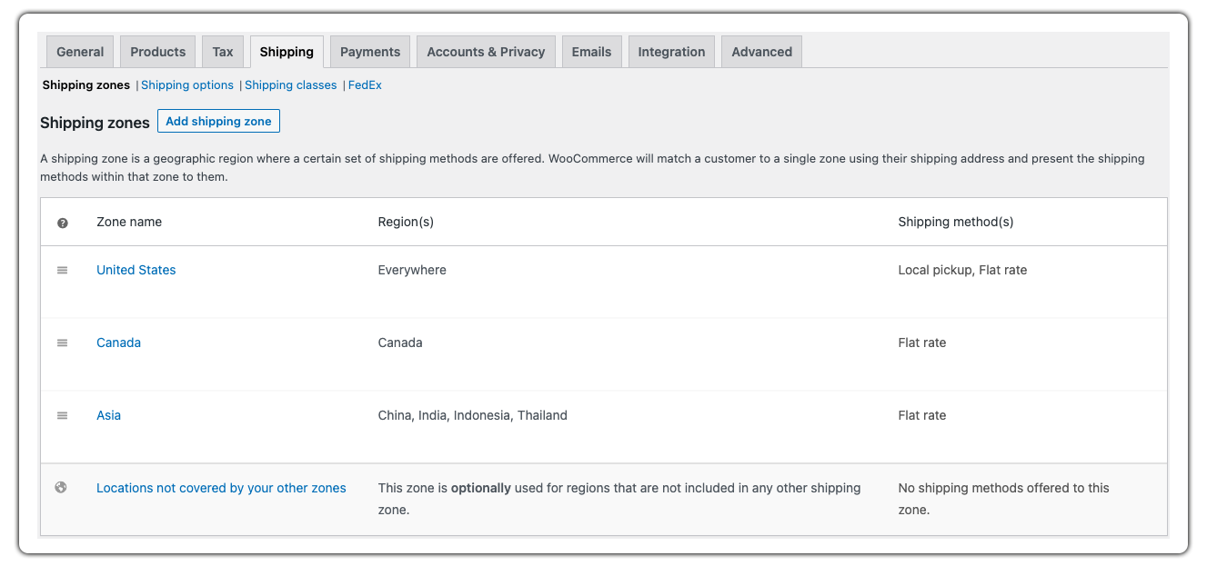 FedEx shipping option under the WooCommerce zones