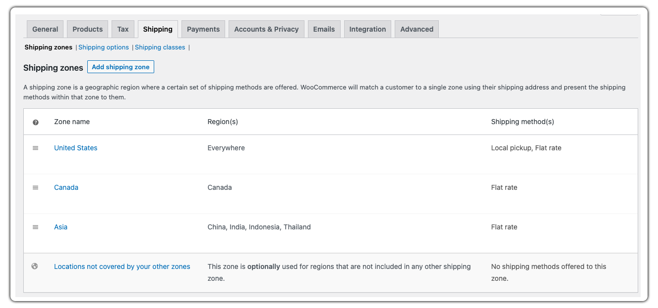 WooCommerce shipping zones