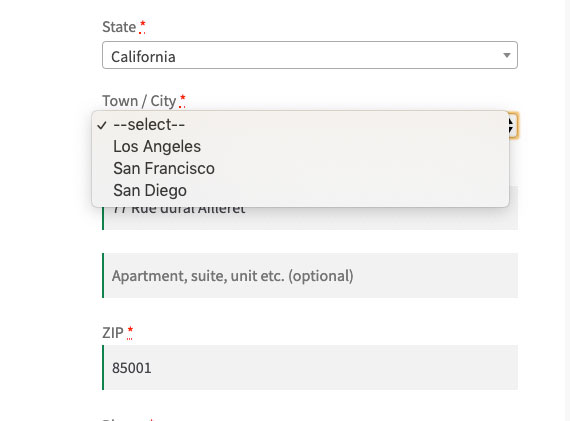 City as a drop-down list on the checkout page