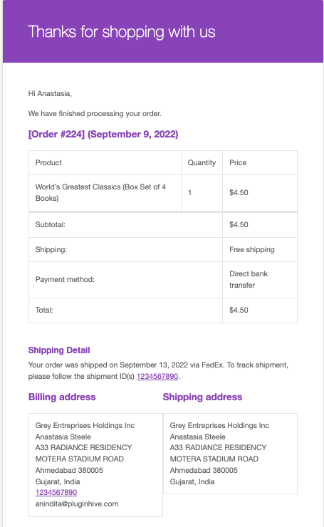 woocommerce order completion email