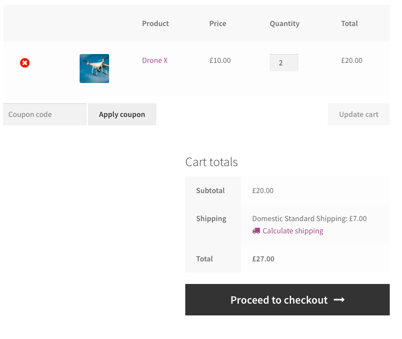 Before using the coupon, when two products are in the cart, the shipping charge comes up as $7