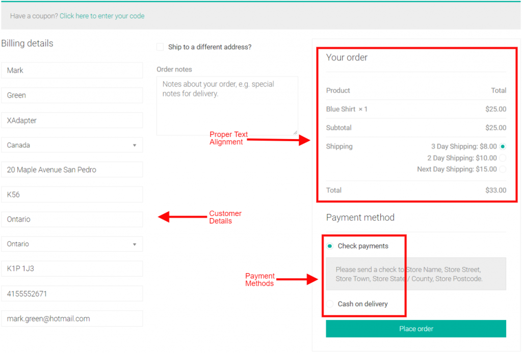 Shipping rates on checkout page