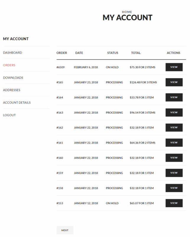 Order List under My Account Page