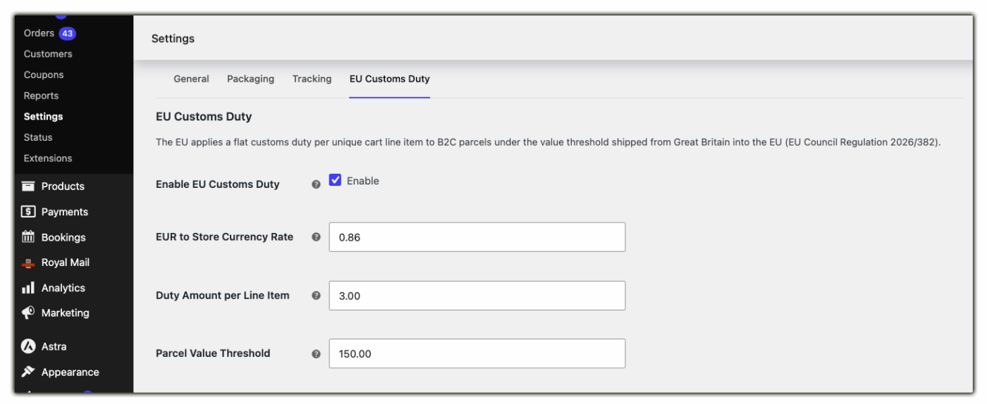 eu customs duty settings