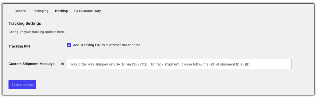 tracking custom shipment message