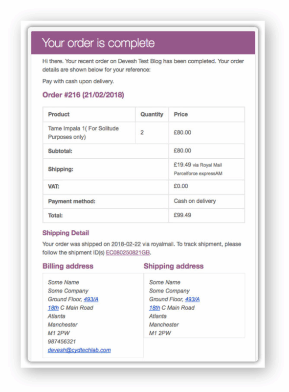 woocommerce order complete confirmation email
