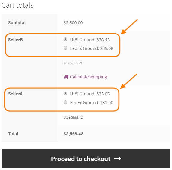 Shipping rates for different vendors