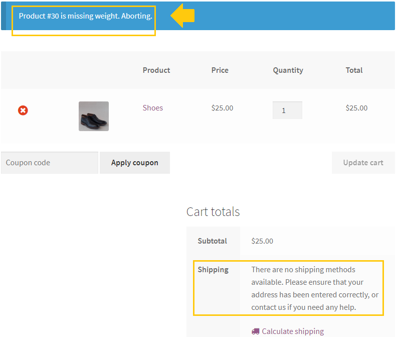 Missing weight error on woocommerce cart page