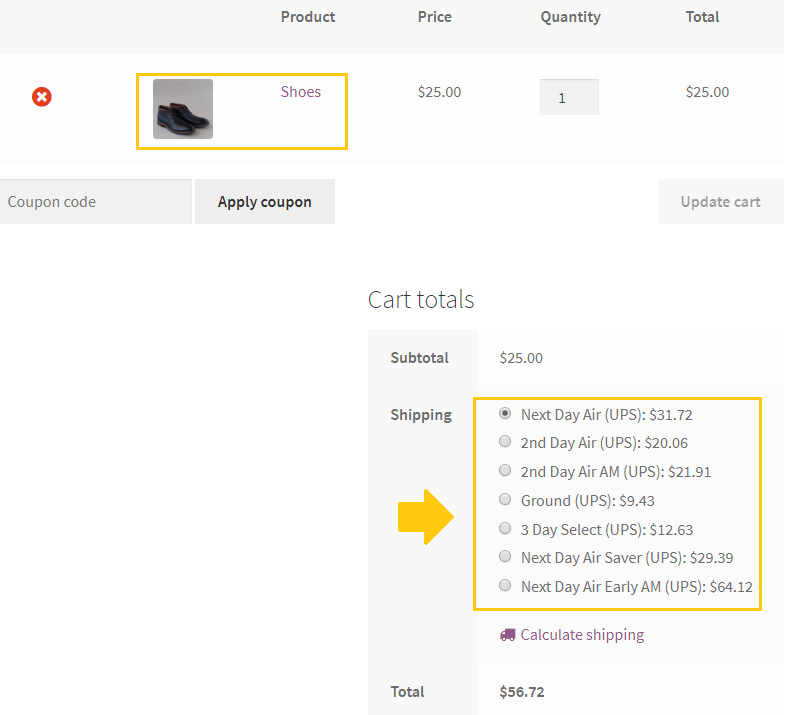 woocommerce shipping methods on the cart page