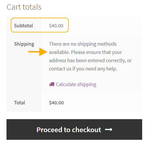 woocommerce cart page with no shipping method