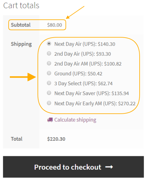 woocommerce cart page with ups shipping options
