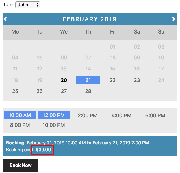 Cost of booking for 4 hours