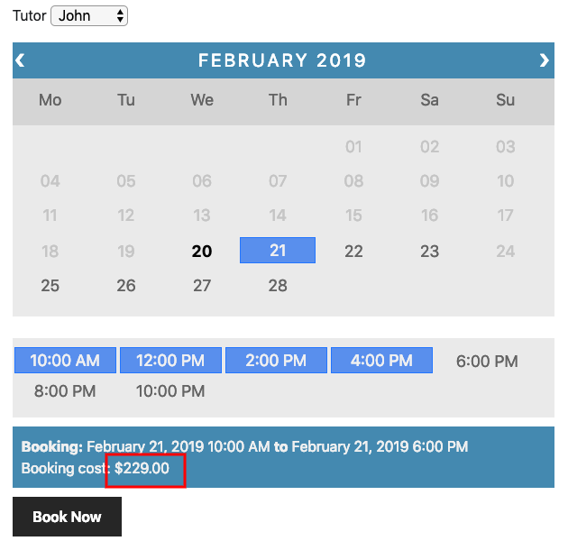 Cost of booking for 8 hours