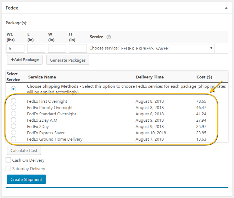 All available FedEx shipping methods with real-time shipping rates for an order