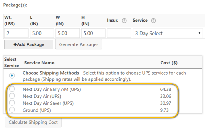 All available UPS shipping methods with real-time shipping rates for an order