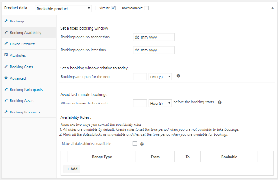 Bookings Availability Settings