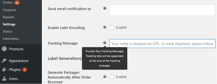 Change UPS tracking message from the plugin settings