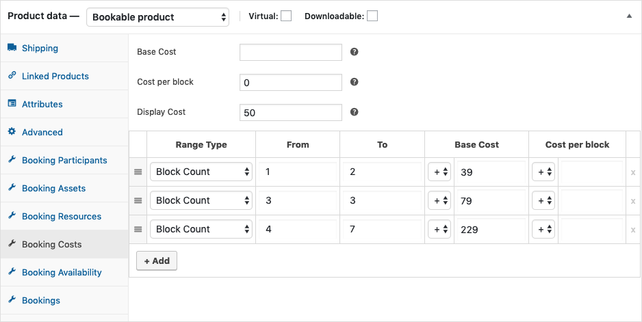 Set up booking cost based on block count